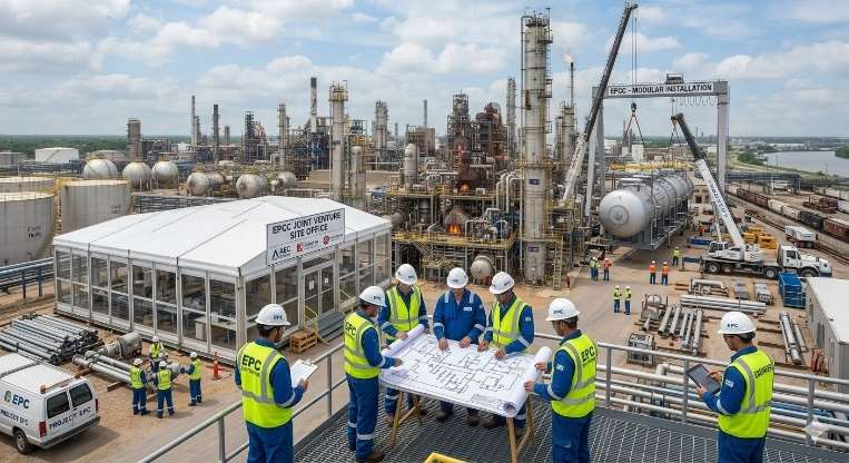 Industrial project team reviewing plans at a process facility